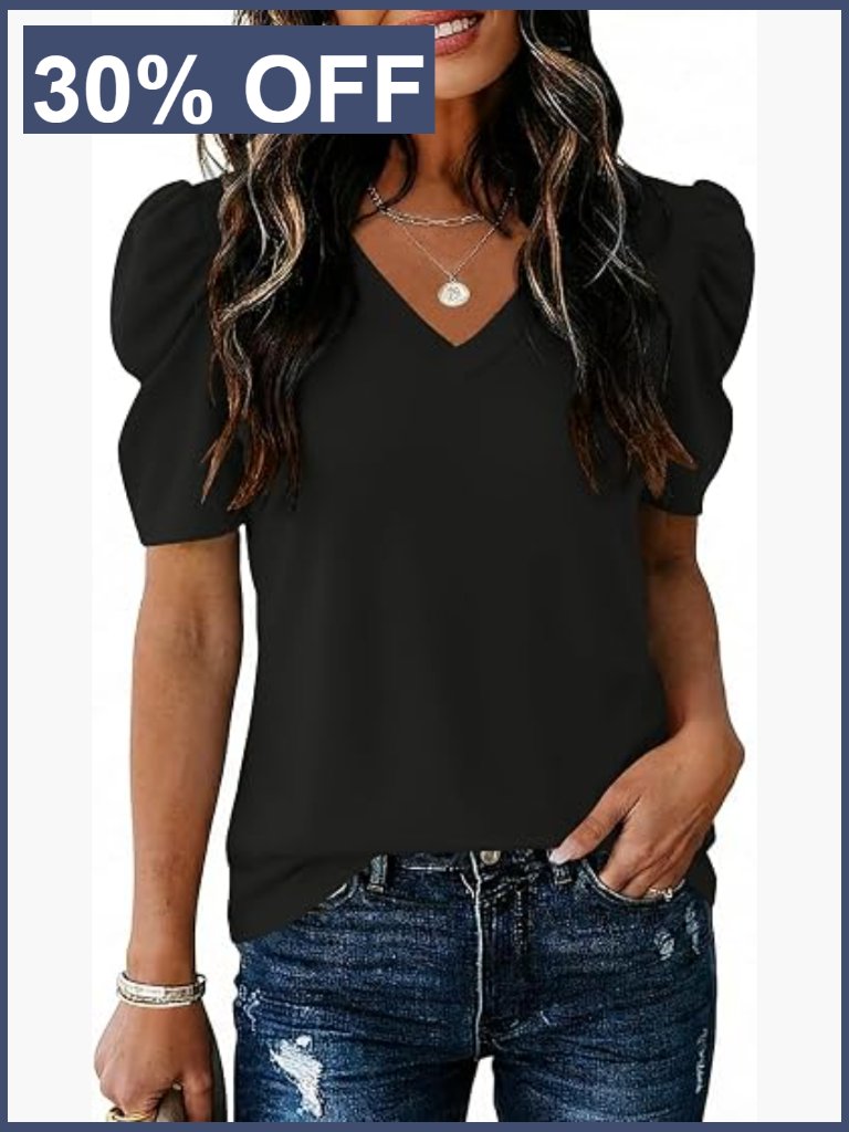 Women's V-Neck Puff Sleeve Tunic Blouse Dressy Casual Loose Fit Short Sleeve Top